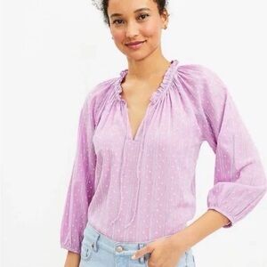ANN TAYLOR LOFT Size X-Large Purple Blouse Swiss Dot Stripe V-neck Tie Tunic